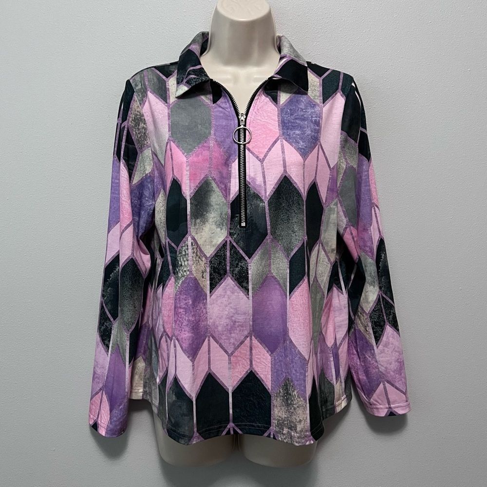 Hekka Geometric Women's 1/4 Zip Collared Pullover Long Sleeve Top Size XL